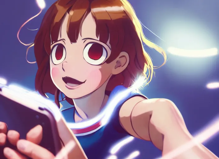 Prompt: closeup portrait of ochaco uraraka from my hero academia taking a selfie with her shoe collection, sunny, bright, reflections, intricate, sharp focus, lens flare, bloom, illustration, highly detailed, digital painting, concept art, matte, art by ruan jia and wlop and greg rutkowski, masterpiece