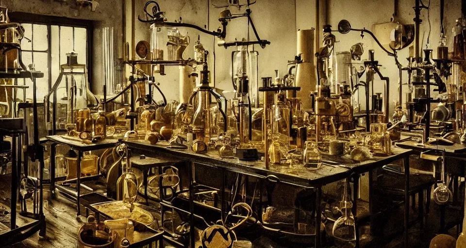 Prompt: a laboratory filled with alchemy equipment, victorian era, gold dust, depth of field