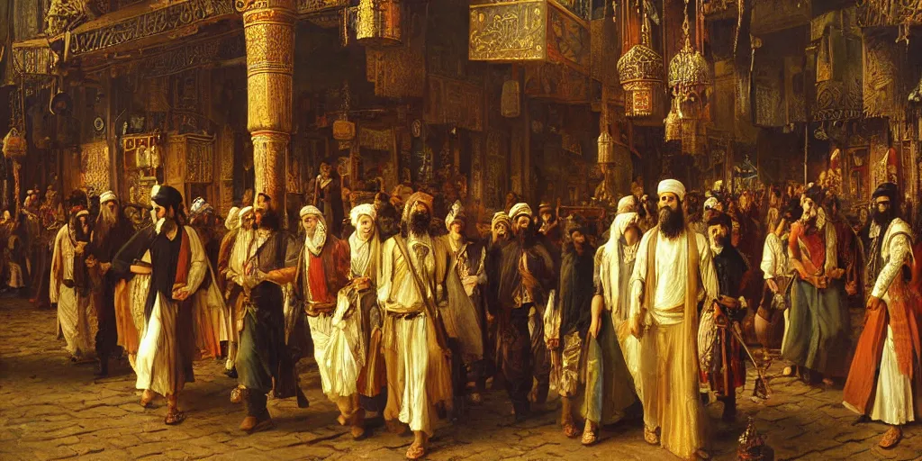 Image similar to Highly detailed and cinematic romantic period oil painting of the Persian king Cyrus the great walking through a bazaar, strong atmosphere, oil painting masterpiece by Josep Tapiró Baró, symmetry, fractals