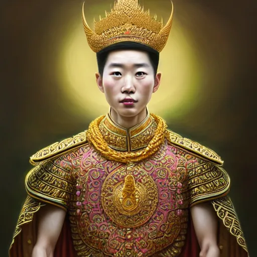 Image similar to pretty korean male dressed as king ramkhamhaeng of sukhothai, intricate, highly detailed, centered, digital painting, artstation, concept art, smooth, sharp focus, illustration, artgerm, tomasz alen kopera, peter mohrbacher, donato giancola, joseph christian leyendecker, wlop, boris vallejo