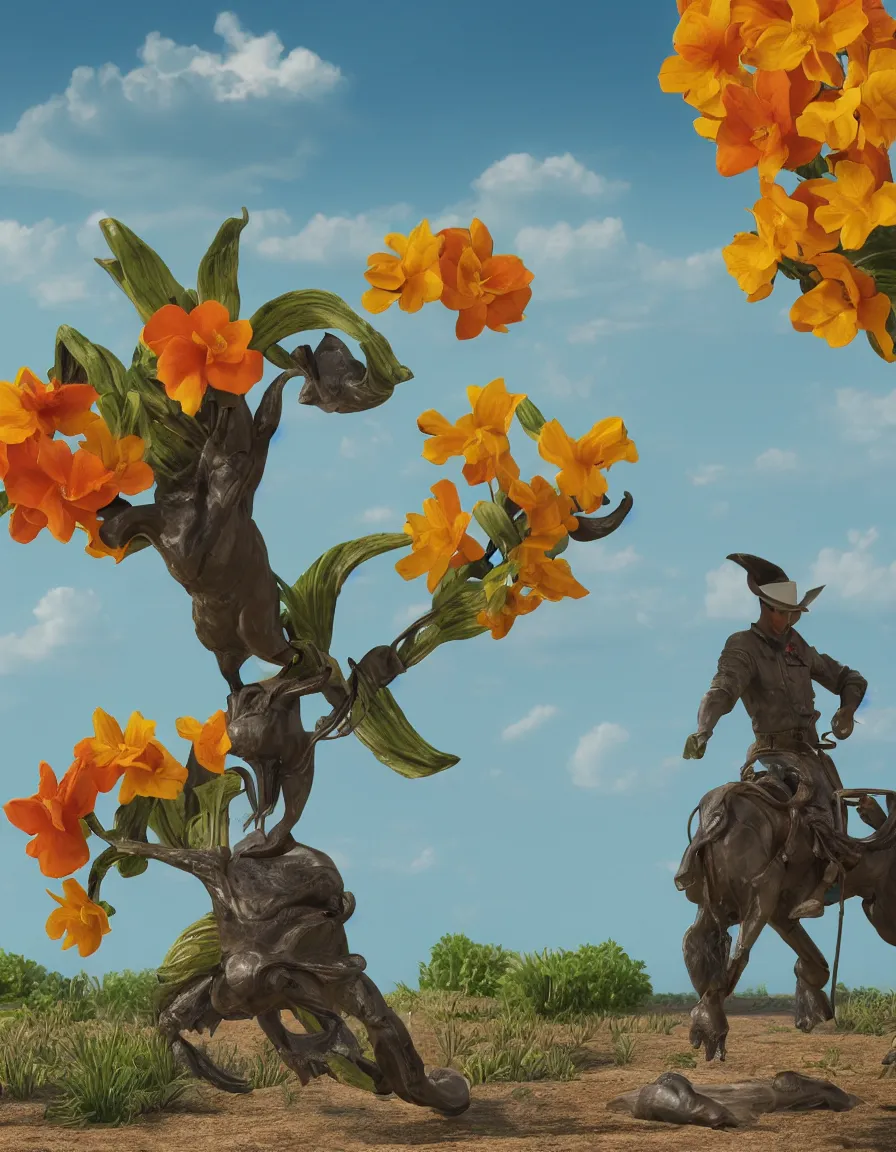 Image similar to a cowboy turning into blooms. tropical sea slugs, tractor tires. complementary colors. national geographic. 8 k, rendered in octane, smooth gradients. sculpture by antonio canova