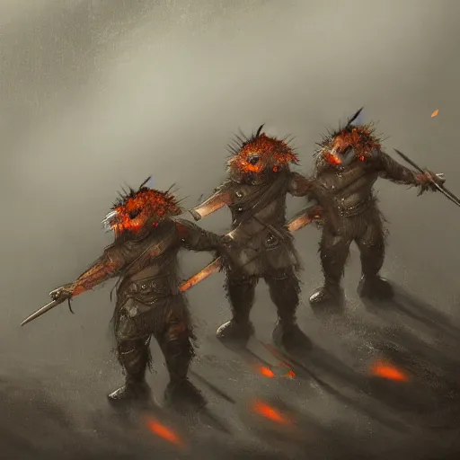 Image similar to a row of soldiers in the mist, dense fog ashigaru aztec mice with feather plumes, dramatic cinematic lighting, menacing, detailed concept painting trending on art station, by brian froud, by deak ferrand, grey, blue, orange-red