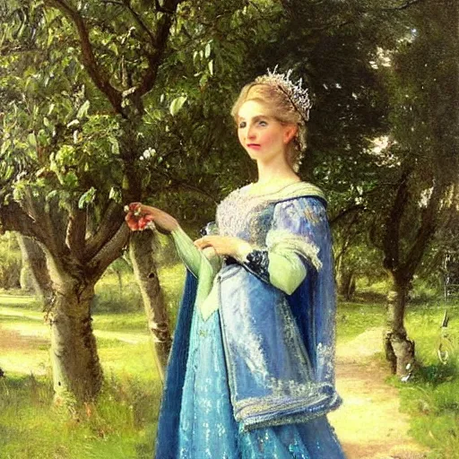 Prompt: portrait of princess elsa outside in an orchard, painted by nikolay makovsky, detailed