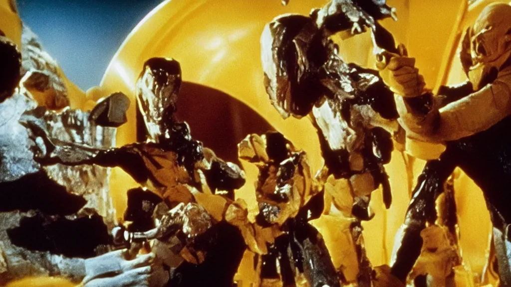 Image similar to a giant monster made of bananas and fries killing crew on star trek, film still from the movie directed by Denis Villeneuve with art direction by Salvador Dalí, wide lens