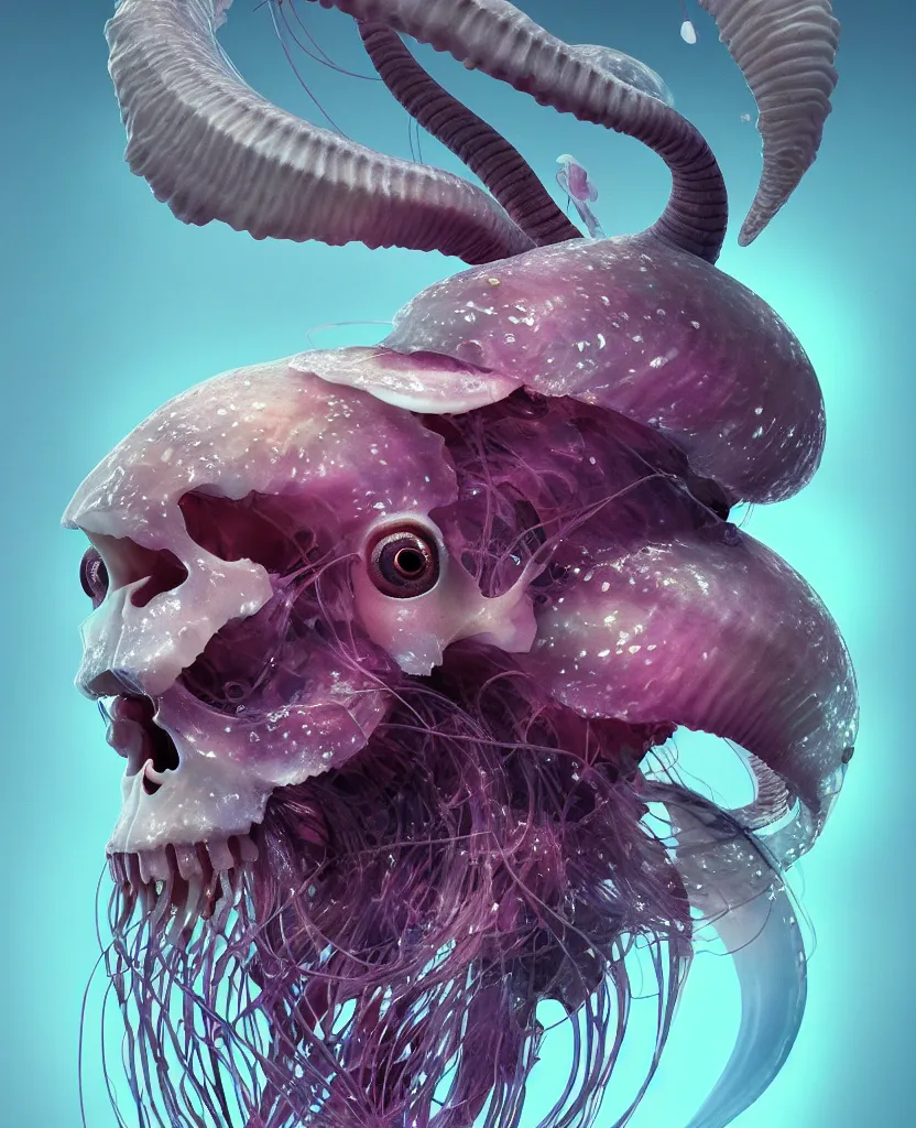 Image similar to goddess close-up portrait goat skull. jellyfish phoenix head, nautilus, orchid, skull, betta fish, bioluminiscent creatures, intricate artwork by Tooth Wu and wlop and beeple. octane render, trending on artstation, greg rutkowski very coherent symmetrical artwork. cinematic, hyper realism, high detail, octane render, 8k