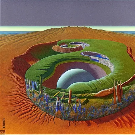 Image similar to a cylindrical pit in the ground with a city inside, painting by Roger Dean