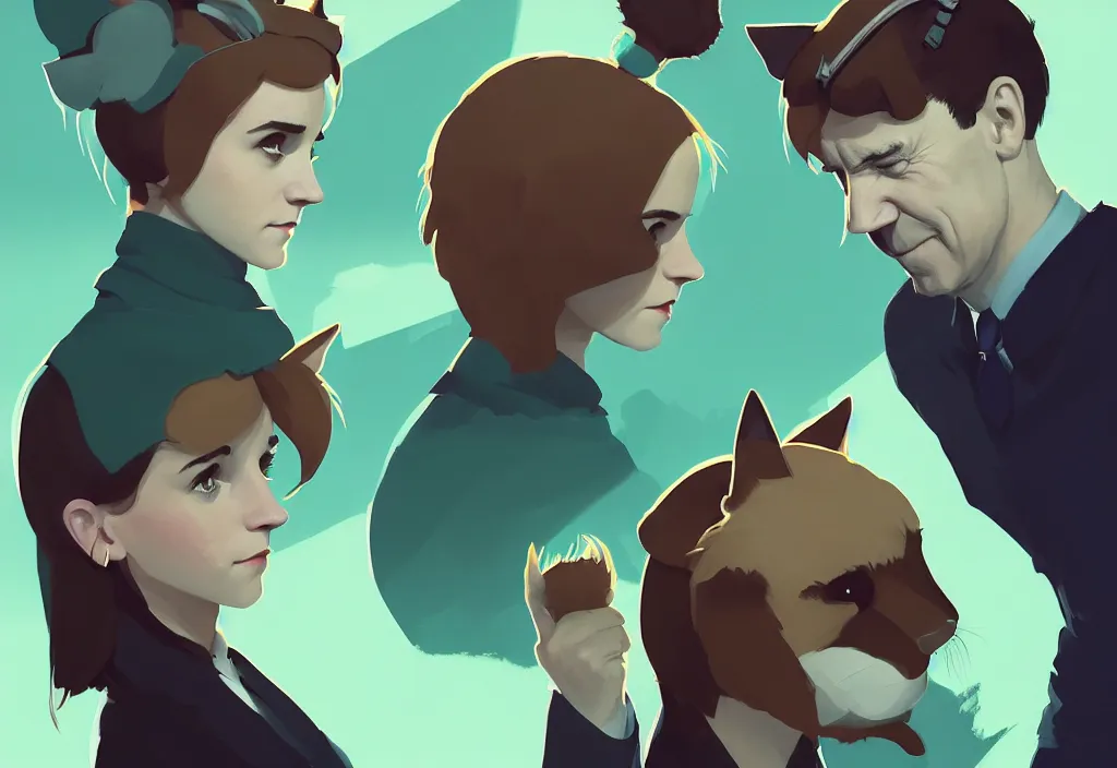 Image similar to joe biden and emma watson with cat ears, epic debates, presidental elections candidates, cnn, fox news, fantasy, by atey ghailan, by greg rutkowski, by greg tocchini, by james gilleard, by joe gb fenton, dynamic lighting, gradient light green, brown, blonde cream, salad and white colors in scheme, grunge aesthetic