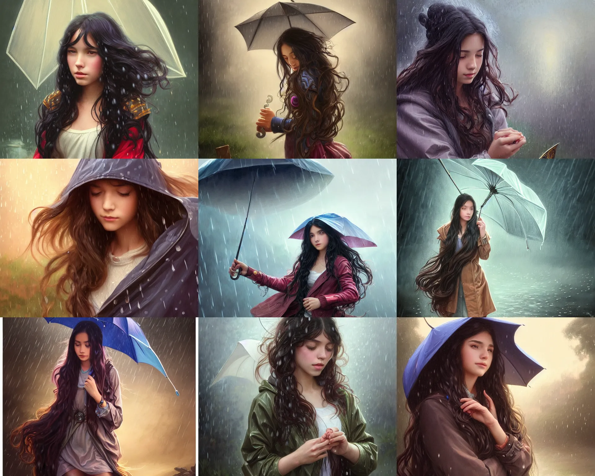 Prompt: teenage girl with long wavy black hair playing under the rain, wearing a raincoat and rainboots, deep focus, d & d, fantasy, intricate, elegant, highly detailed, digital painting, artstation, concept art, matte, sharp focus, illustration, hearthstone, art by artgerm and greg rutkowski and alphonse mucha