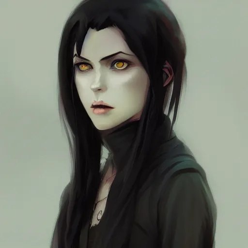 Image similar to female human vampire witch in the style of greg rutkowski, makoto shinkai, trending on artstation, character design, concept art, pretty face, highly detailed, long black hair, portrait, digital art