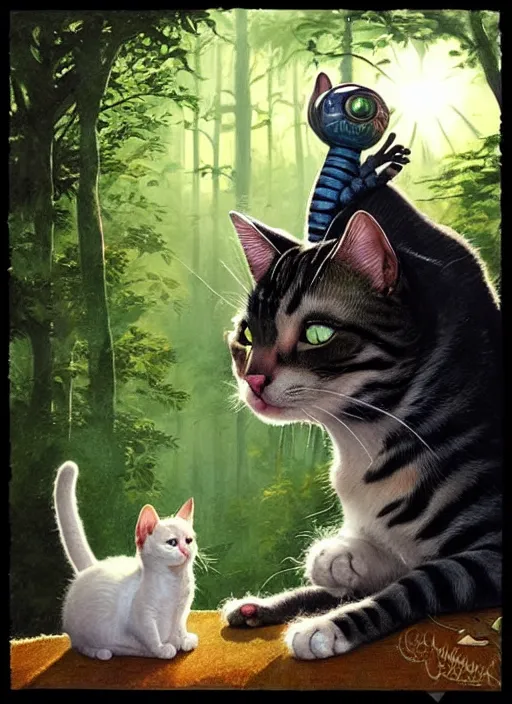 Image similar to a hyper realistic cat meeting an alien. and sunbeams blue sky, lush forest foliage painting by chiara bautista and norman rockwell and greg rutkowski weta studio, and lucasfilm