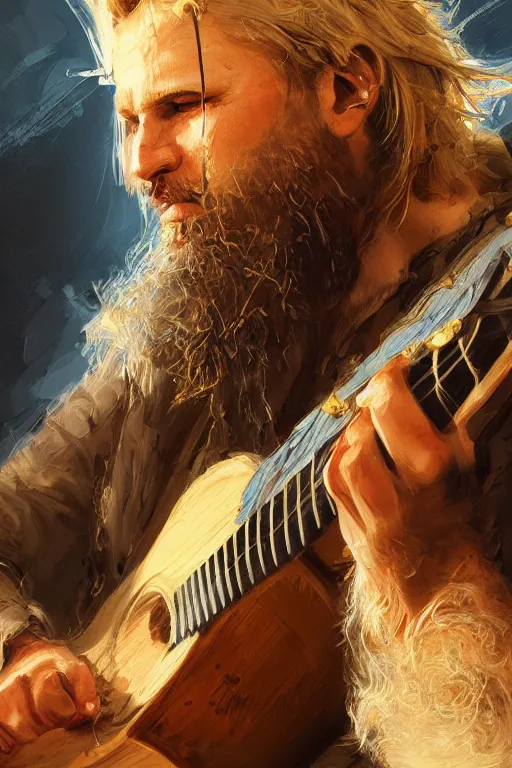 Image similar to blonde wild hair beard man, pirate eye - patch, playing guitare, close - up portrait, powerfull, intricate, elegant, volumetric lighting, scenery, digital painting, highly detailed, artstation, sharp focus, illustration, concept art, ruan jia, steve mccurry