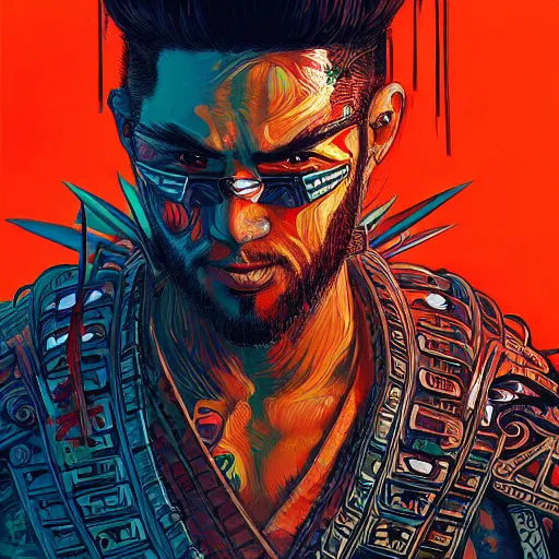 Image similar to portrait painting of a maori street samurai with spiky red hair, cyberpunk, glitchwave, sharp focus, award - winning, trending on artstation, masterpiece, highly detailed, intricate. art by josan gonzales and moebius