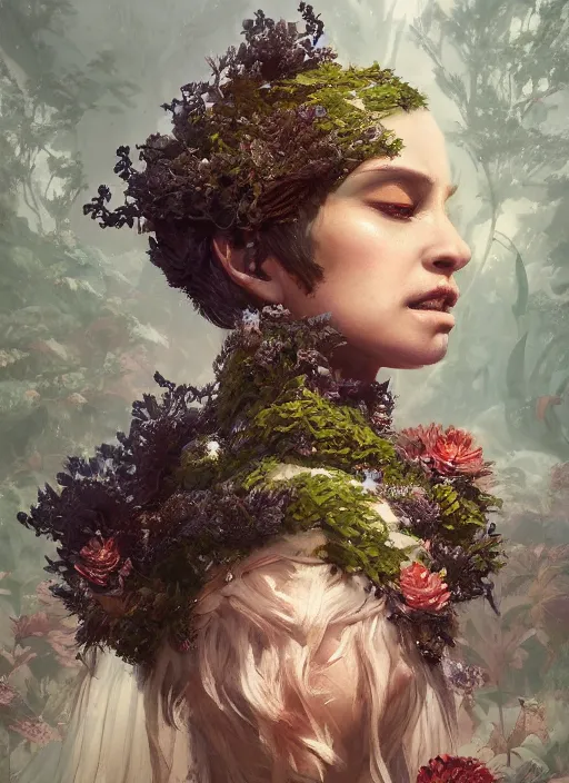 Image similar to A fancy portrait of a beautiful queen covered plants by Greg Rutkowski, Sung Choi, Mitchell Mohrhauser, Maciej Kuciara, Johnson Ting, Maxim Verehin, Peter Konig, Bloodborne, 8k photorealistic, cinematic lighting, HD, high details, dramatic, atmospheric , trending on artstation