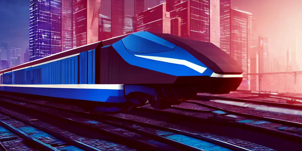 Image similar to a cyberpunk maglev train riding though futuristic station, blocky futuristic cityscape in background, gorgeous lighting and metallic reflection, maroon and blue accents, 8k, large scale, high detail, side profile