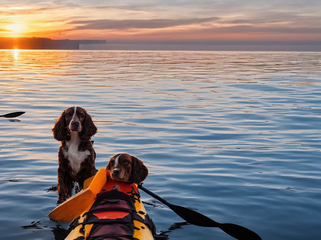 Prompt: a brown springer spaniel stood in a kayak, wearing a sea captains hat, sunrise, beautiful early morning light, golden hour, seaside