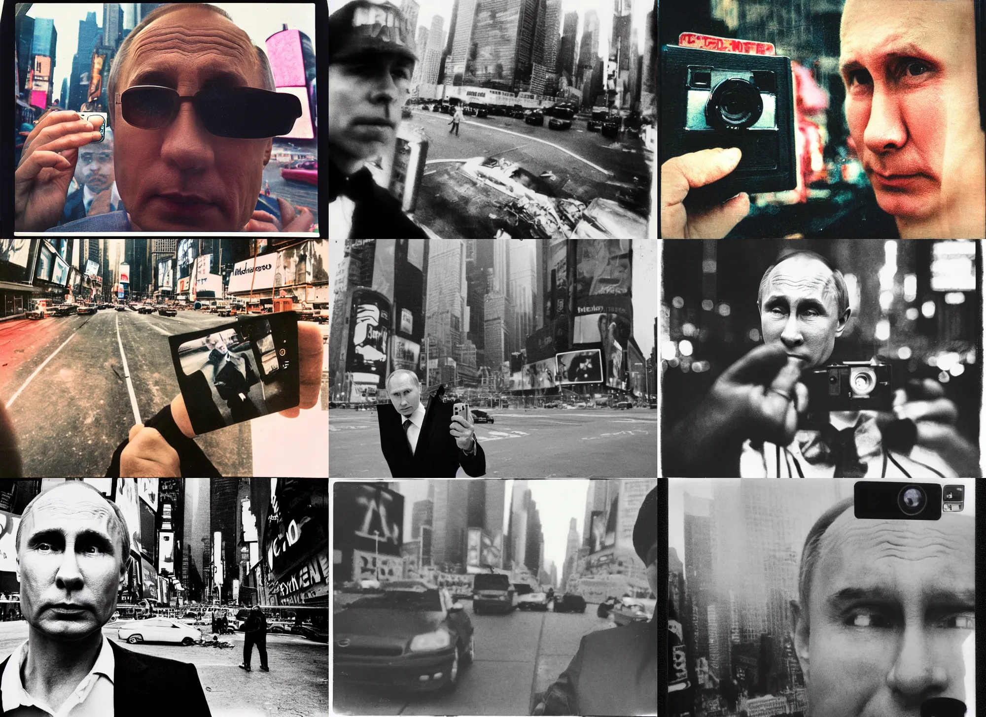 Prompt: centered!!! macro face selfie shot. vladimir putin selfie, overcast soft light, in demolished destroyed times square with car wrecks destroyed buildings, dark photograph, polaroid, color vintage