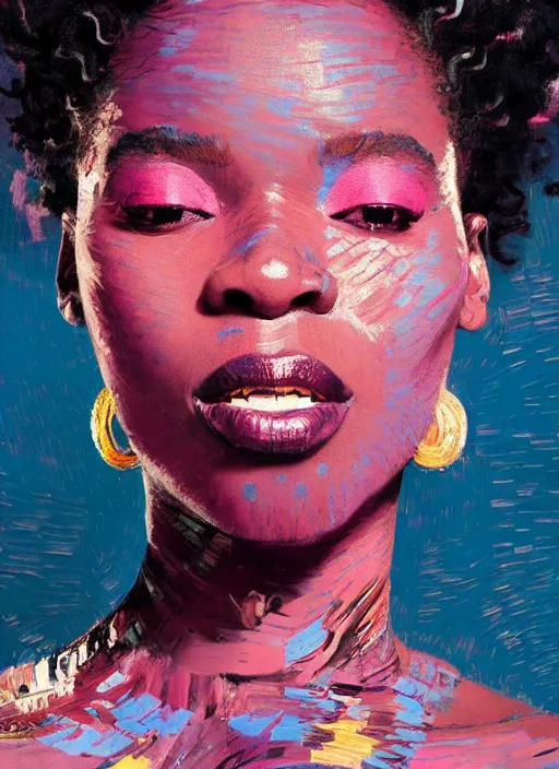 Image similar to portrait of a beautiful black woman, smiling, ecstatic, dancing, eyes closed, open mouth, shades of pink and blue, beautiful face, rule of thirds, intricate outfit, spotlight, by greg rutkowski, by jeremy mann, by francoise nielly, by van gogh, digital painting