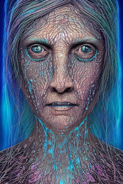 Image similar to dark underwater portrait of one bioluminescent old woman, with cracked reaction diffusion semi - transparent skin. multicolored fish scales, face closeup. long intricate dark hair. good face proportions. with many jellyfishes. very high detail, illustration, by alex grey and ilya kuvshinov