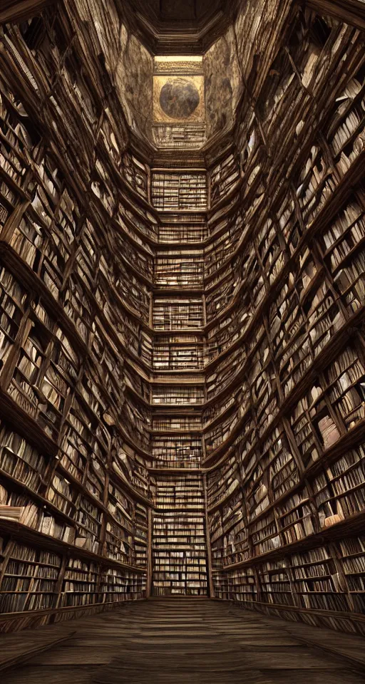 Prompt: ancient libraries containing all of the knowledge in the universe, books, shelves, intricate design, spiraling, high contrast scene, steps, ladders, dark knowledge, wisdom, secrets, volumetric lighting, environment concept, feeling of mystery, hyper realistic, 8 k render, unreal engine 5 render