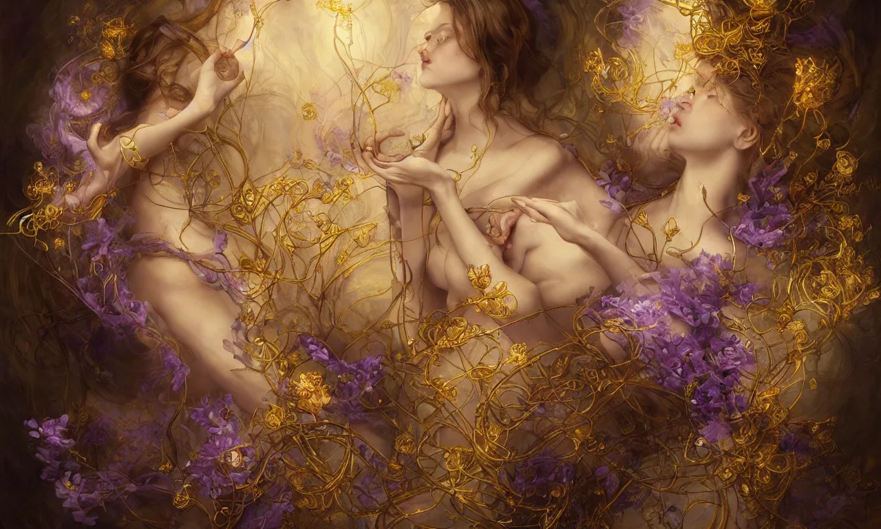 Prompt: ultra realist breathtaking detailed soft painting of a fairy queen with fire amethyst wings and golden ribbons, art nouveau golden flowers and ribbons floating around, rembrandt style, hyper detailed fire stained glass windows, concept art, matte, sharp focus by Tom Bagshaw, Miho Hirano and Greg Rutkowski, extremely moody lighting, 8K