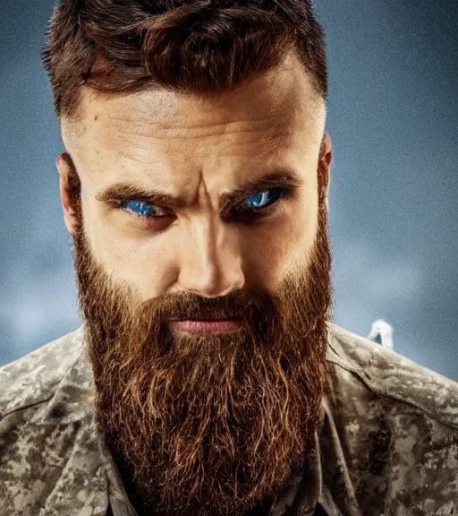 Image similar to portrait of muscular, tired and alcoholic 3 0 - year - old grieving man with short darkblonde hair, serious sad look in his eyes, looking down, dirty beard, blue eyes, crying tears, wearing dirty soldier uniform, on the desert, sad atmosphere, hyper realistic face, character art, art by mark brooks, cryengine, trending on artstation, digital art