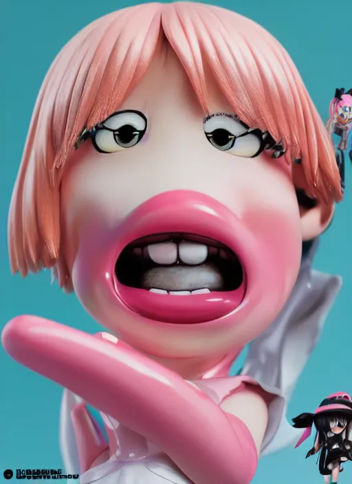 Prompt: a hyperrealistic lowbrow oil panting of a looney kawaii vocaloid figurine caricature with a big dumb goofy grin and pretty sparkling anime eyes featured on Wallace and Gromit by studio trigger