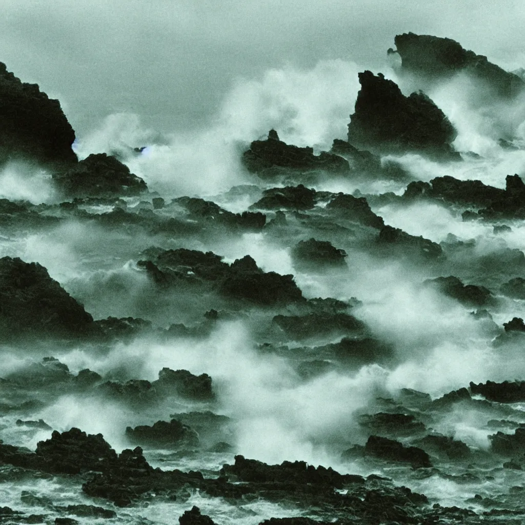 Image similar to dark and moody 1 9 7 0's artistic technicolor spaghetti western film, a large huge crowd of women in a giant billowing wide long flowing waving colorful dresses, standing inside a green mossy irish rocky scenic landscape, crashing waves and sea foam, volumetric lighting, backlit, moody, atmospheric, fog, extremely windy, soft focus