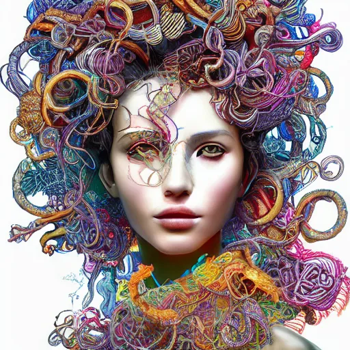 Prompt: the portrait of a ridiculously beautiful and elegant woman partially made of onion rings of all colors, an ultrafine detailed illustration by james jean, final fantasy, intricate linework, bright colors, behance contest winner, vanitas, angular, altermodern, unreal engine 5 highly rendered, global illumination, radiant light, detailed and intricate environment