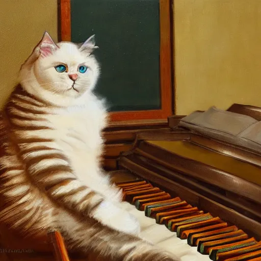 Prompt: a ragdoll cat wearing Japanese armor playing piano , oil painting, 4k,