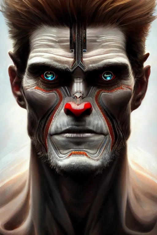 Image similar to symmetry!! portrait of willem dafoe in the style of god of war, machine parts embedded into face, intricate, elegant, highly detailed, digital painting, artstation, concept art, smooth, sharp focus, illustration, art by artgerm and greg rutkowski and alphonse mucha, 8 k