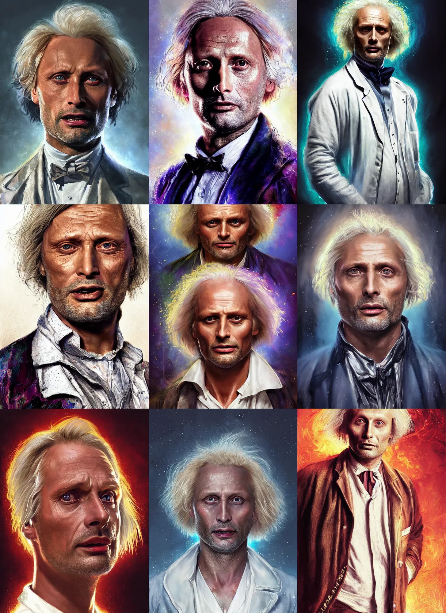 Prompt: formal portrait of shocked expression mads mikkelsen as doc brown wearing white lab coat. digital art by eugene de blaas, ross tran, and nasreddine dinet, vibrant color scheme, intricately detailed, in the style of romanticism, cinematic, artstation, greg rutkowski