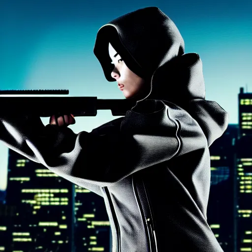 Prompt: digital art of a techwear woman holding a shotgun, holding shotgun down, closeup, on the rooftop of a futuristic city at night, sigma 85mm f/1.4, 4k, depth of field, high resolution, full color, award winning photography, Kill Bill, John Wick, Die Hard, movies with guns, movie firearms, trending on art station