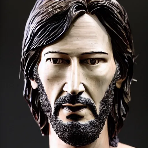 Prompt: a wooden sculpture of keanu reaves