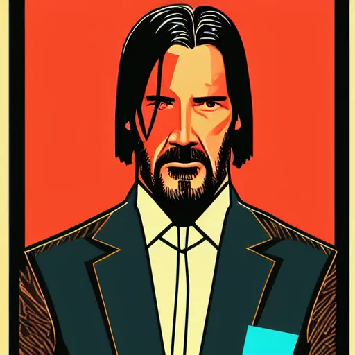 Prompt: individual john wick portrait retro futurist illustration art by butcher billy, sticker, colorful, illustration, highly detailed, simple, smooth and clean vector curves, no jagged lines, vector art, smooth andy warhol style