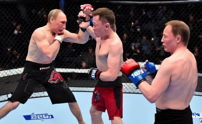 Image similar to Elon musk fighting Vladimir Putin in the MMA octagon, cinematic shot