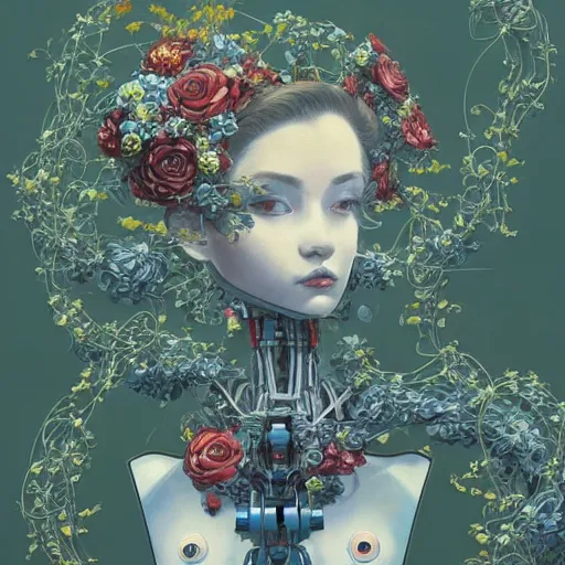 Prompt: mecha robot wrapped in flowers & vines, art by james jean & hsiao - ron cheng, colourful, sharp, detailed, digital painting, illustration, intricate detail, pinterest, behance, art station,