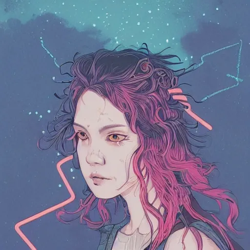Image similar to wielding pose, portrait of a grungy cyberpunk anime, very cute, by super ss, cyberpunk fashion, curly pink hair, night sky by wlop, james jean, victo ngai, muted colors, highly detailed