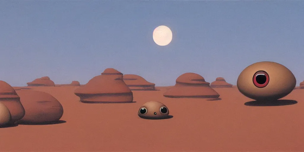 Prompt: a giant pair of eyeballs floating above a desert landscape ralph mcquarrie