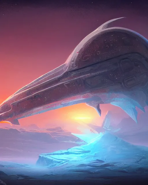 Prompt: ancient space ship, ice fish shape, desert planet, cinematic, highly detailed, scifi, intricate digital painting, sunset, red glow, illustration, artstation, by johnson ting, jama jurabaev