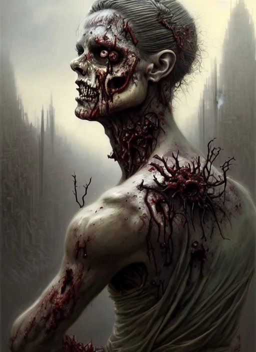 Image similar to portrait shot of a zombie warrior in a scenic dystopian environment, intricate, elegant, highly detailed, centered, digital painting, artstation, concept art, smooth, sharp focus, illustration, artgerm, tomasz alen kopera, peter mohrbacher, donato giancola, joseph christian leyendecker, wlop, boris vallejo