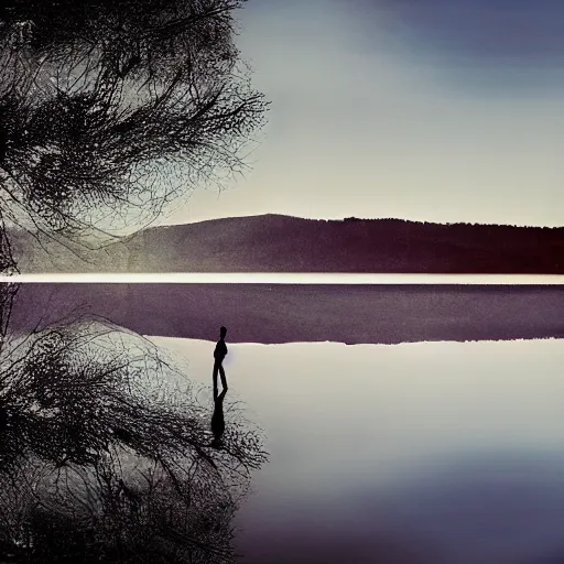 Prompt: a person sees himself reflected in a lake in a city where dreams live