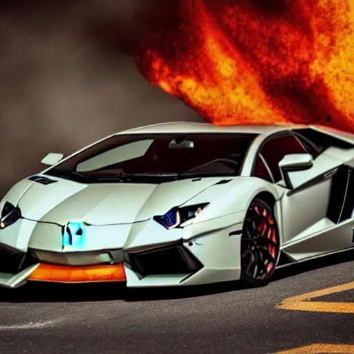 Image similar to a lamborghini aventador parked in a hellish fiery demon world, plumes of flame, scattered burning debris, acid rain, cinematic photography, film still, hd