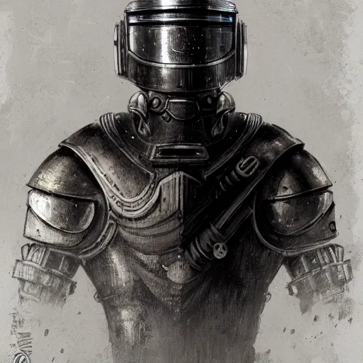 Image similar to knight pepe, scifi, power armor, mechasuit, medieval pepe, futuristic sword, heavy gun, armored, helmet, military, heavy, modern, gaz mask, black and white, concept art, bust portrait, Nekro, Tom Bagshaw, Craig Mullins, ventail, exsokeleton