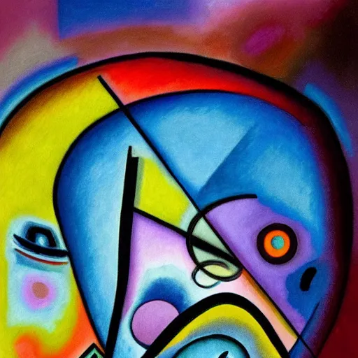 Image similar to painting of a face by Kandinsky with smooth gradients; background has random abstract art; 3d unreal engine, 4k 3d render