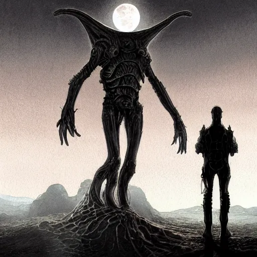 Prompt: photorealistic watercolor of an alien knight standing before an eldritch moon in the style of michael whelan and gustave dore. hyperdetailed photorealism, 1 0 8 megapixels, amazing depth, high resolution, 3 d shading, 3 d finalrender, 3 d cinematic lighting, glowing rich colors, psychedelic overtones, artstation concept art.