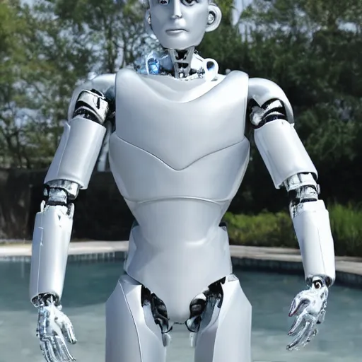 Image similar to made of ice, a realistic detailed photo of a guy who is an attractive humanoid who is half robot and half humanoid, who is a male android, on display, blank stare, showing off his muscles, shiny skin, posing like a statue, by the pool, frozen ice statue, twitch streamer / gamer ludwig, humanoid robot