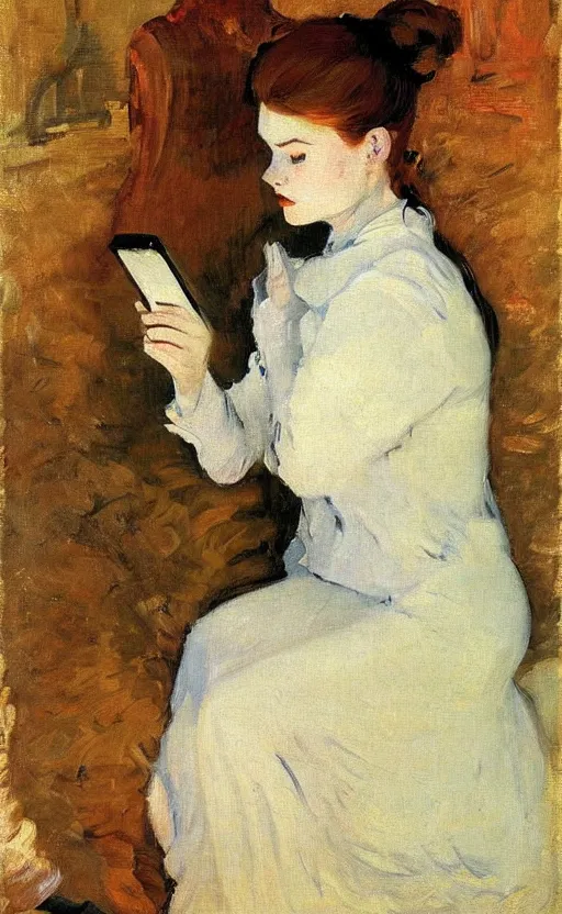 Prompt: soulful portrait by Valentin Serov of a redheaded young woman wearing modern fashion and looking at her phone, Russian impressionism