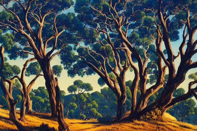 Image similar to masterpiece painting of oak trees on a hillside overlooking a creek, dramatic lighting, by albert namatjira