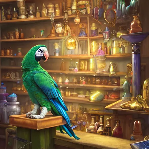 Image similar to Anthropomorphized parrot trader in his shop, shelves full, selling a gem, portrait, items, magic potions, fancy hat, sly expression , cunning expression, cute expression, presenting magic gem, D&D, fantasy, cinematic lighting, highly detailed, digital painting, artstation, concept art, smooth, sharp focus, illustration, warm light, cozy warm tint, magic the gathering artwork, volumetric lighting, 8k, no gold, no gold colours, art by Akihiko Yoshida, Greg Rutkowski