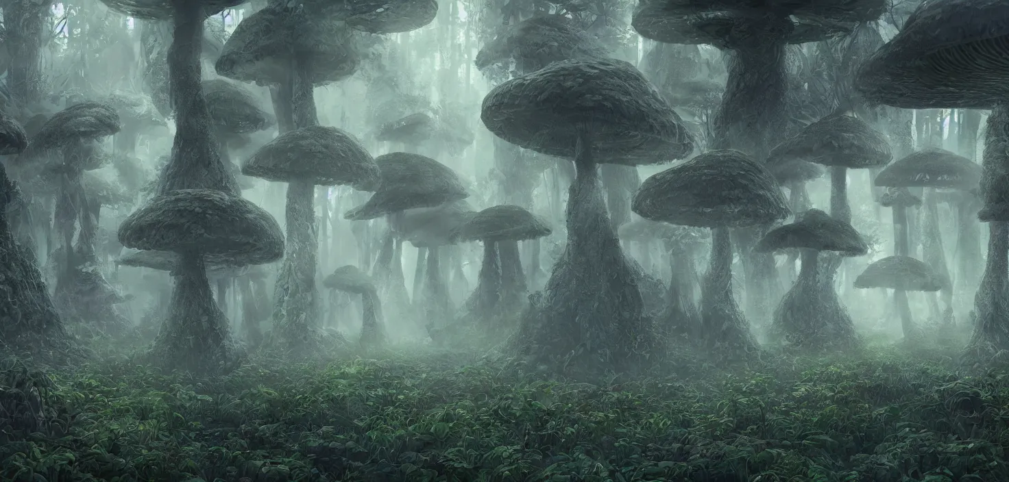 Image similar to a distant dense forest of giant bismuth mutated mushrooms, intricate, highly detailed, organic, volumetric fog, concept art, masterpiece